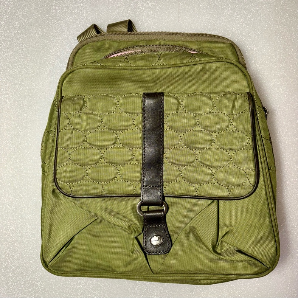 Mosey Olive Green Quilted/Nylon Backpack with Brown Accents